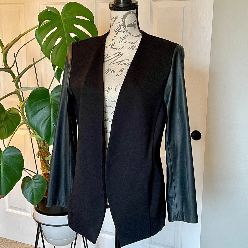 Peyton Jensen Open Front Jacket with Faux Leather Sleeves